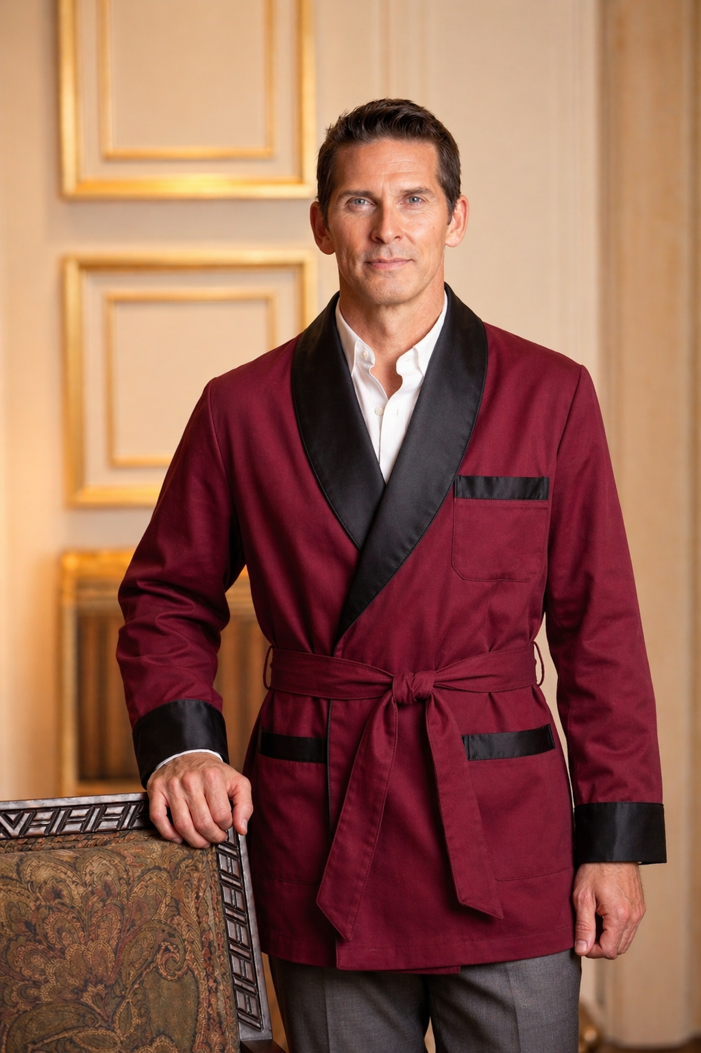 Satin Smoking Jacket - Burgundy With Black collar