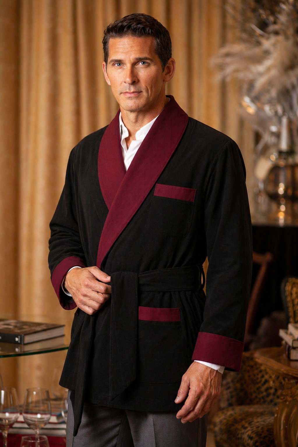 Satin Smoking Jacket - Black with Burgundy collar