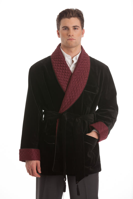 Velvet Smoking Jacket - Black with Burgundy Quilted Collar
