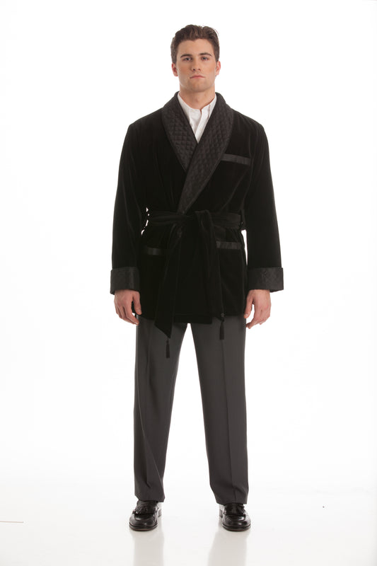 Velvet Smoking Jacket - Black with Black Quilted Collar