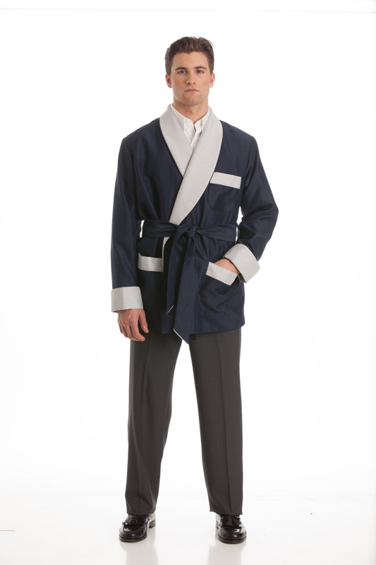 Satin Smoking Jacket - Navy with Silver Collar