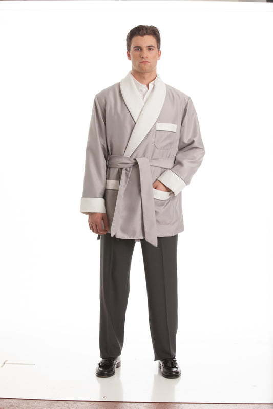 Satin Smoking Jacket - Taupe with White Collar