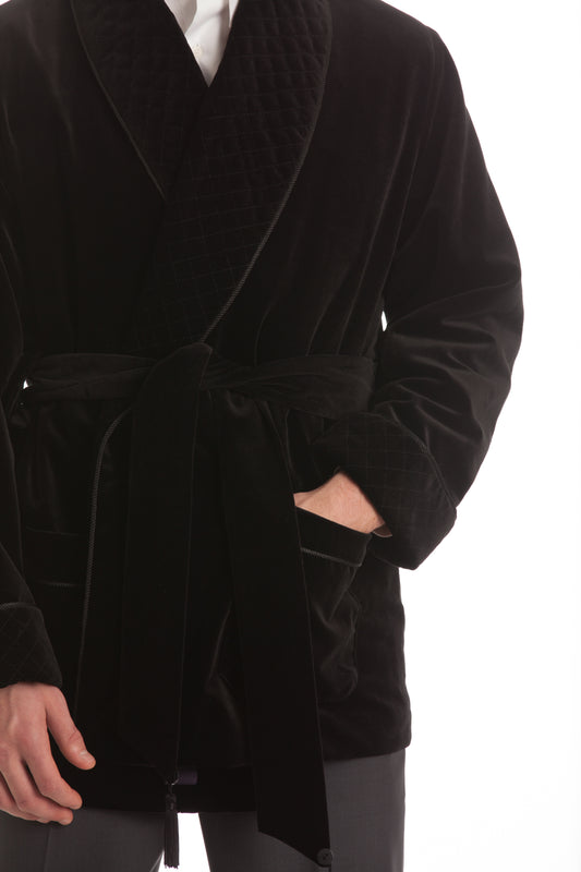 Velvet Smoking Jacket - Black with Quilted Collar