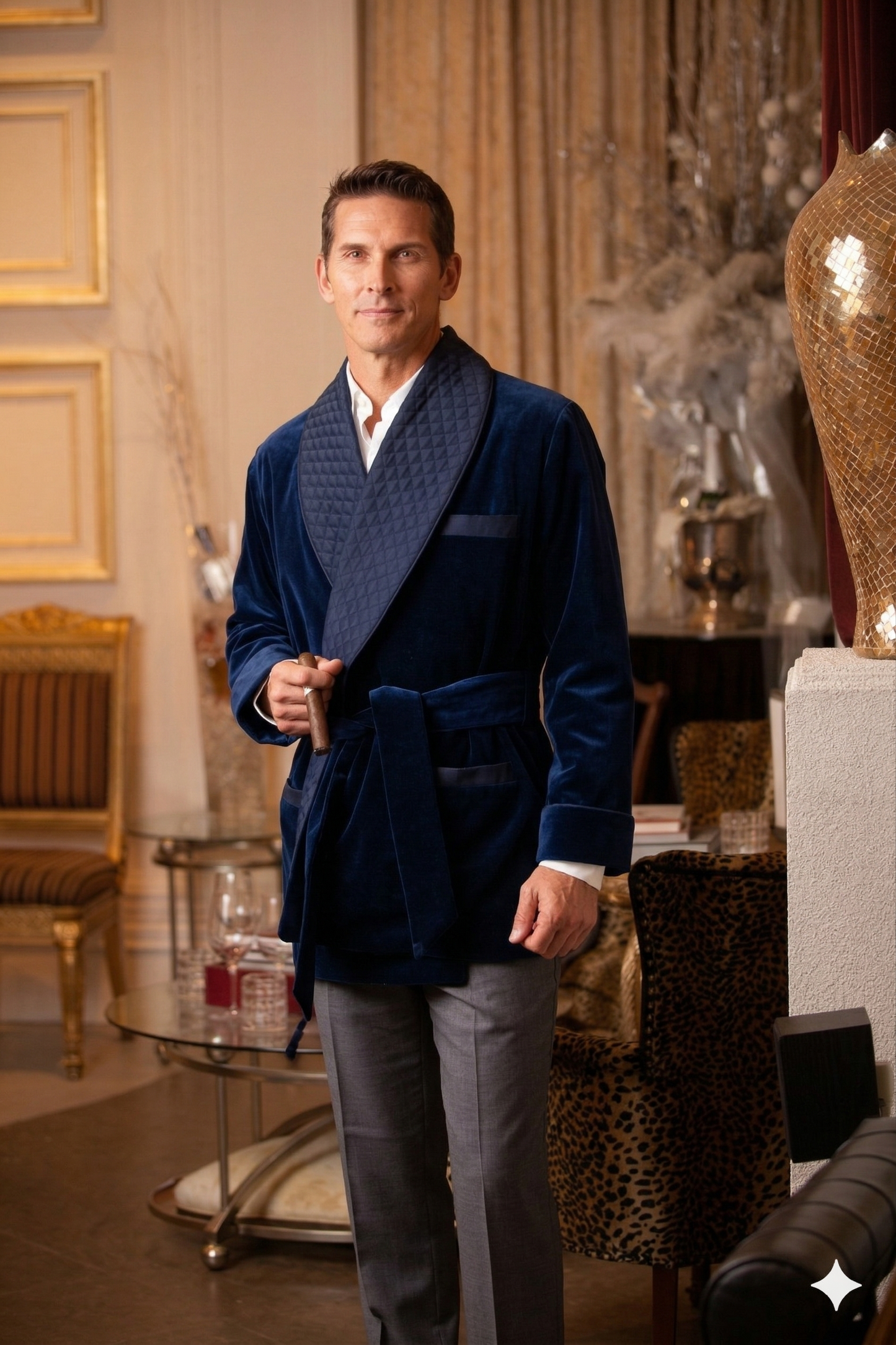 Velvet Smoking Jacket-Navy with Blue Piping