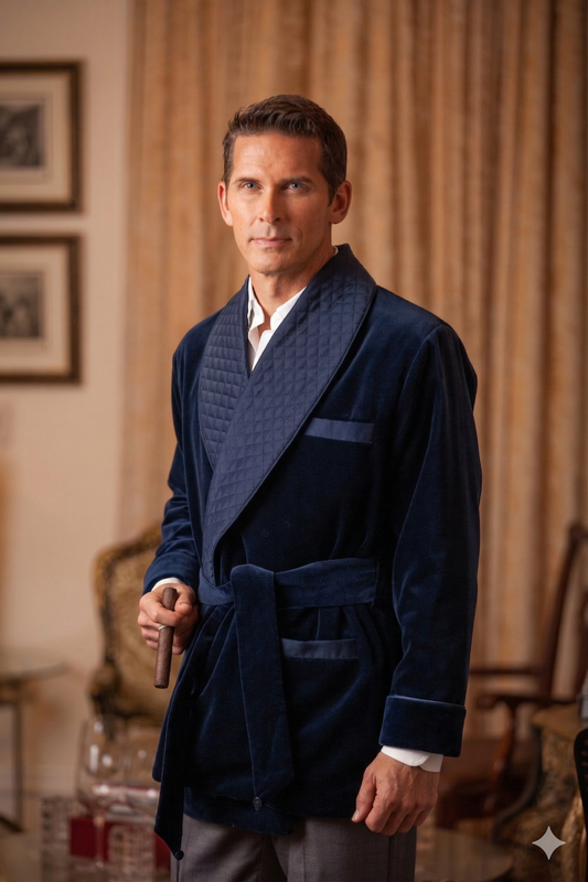 Velvet Smoking Jacket-Navy with Blue Piping