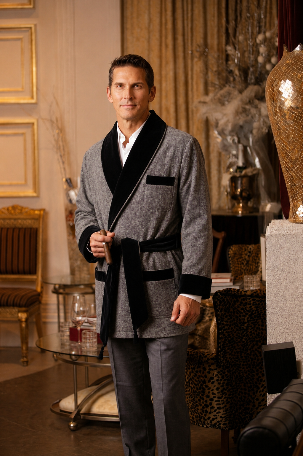 Wool Smoking Jacket – Gray with Black Quilted Collar