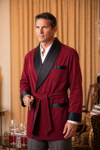 Satin Smoking Jacket - Burgundy With Black collar