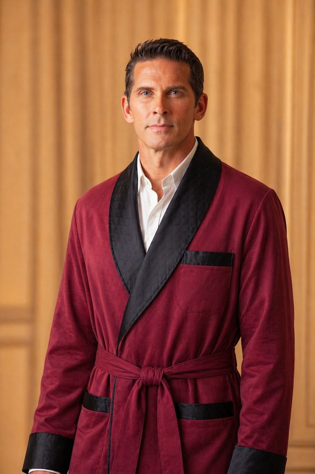 Satin Smoking Jacket - Burgundy With Black collar