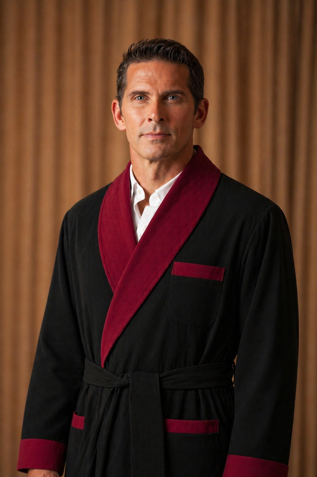 Satin Smoking Jacket - Black with Burgundy collar
