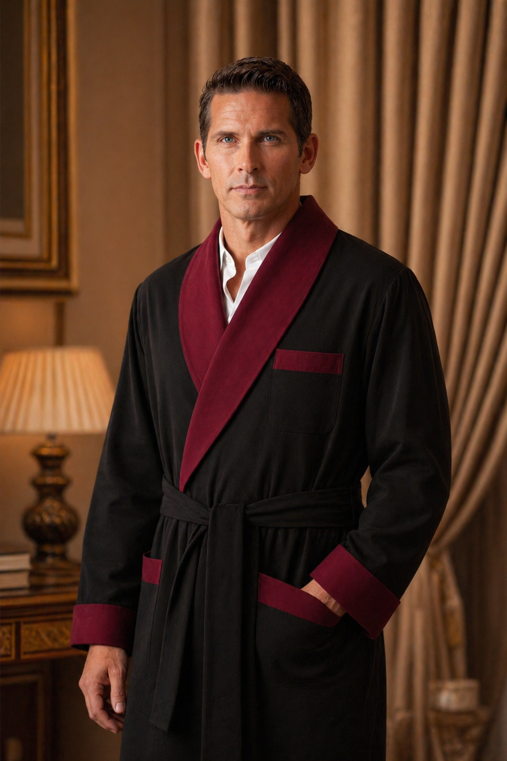 Satin Smoking Jacket - Black with Burgundy collar