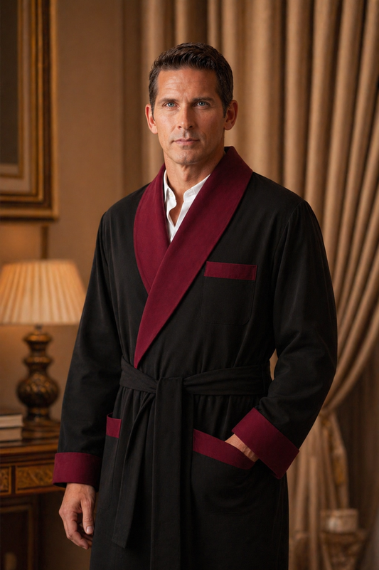 Satin Smoking Jacket - Black with Burgundy collar