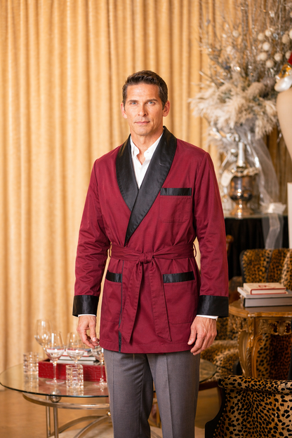 Satin Smoking Jacket - Burgundy With Black collar