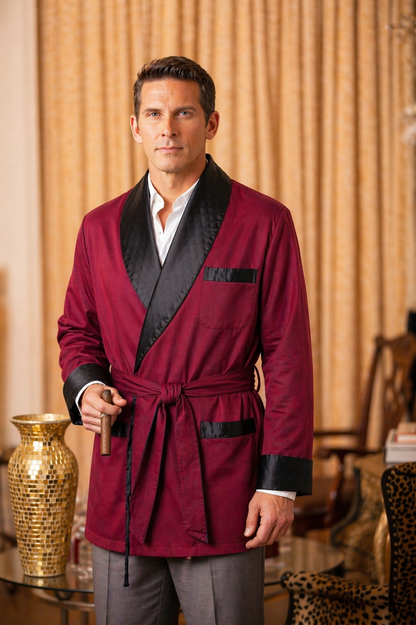 Satin Smoking Jacket - Burgundy With Black collar