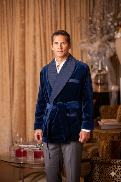 Velvet Smoking Jacket-Navy with Blue Piping