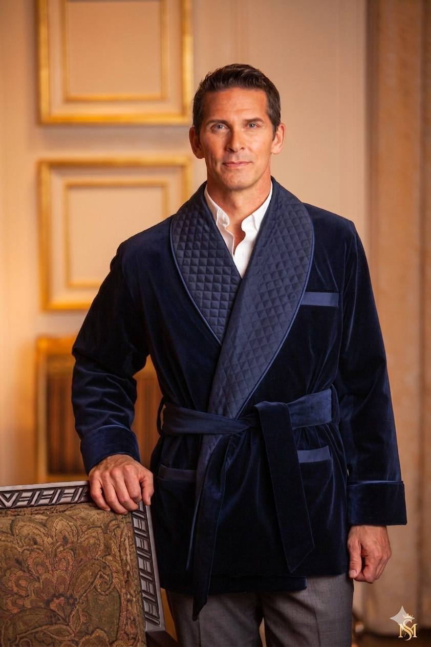 Velvet Smoking Jacket-Navy with Blue Piping