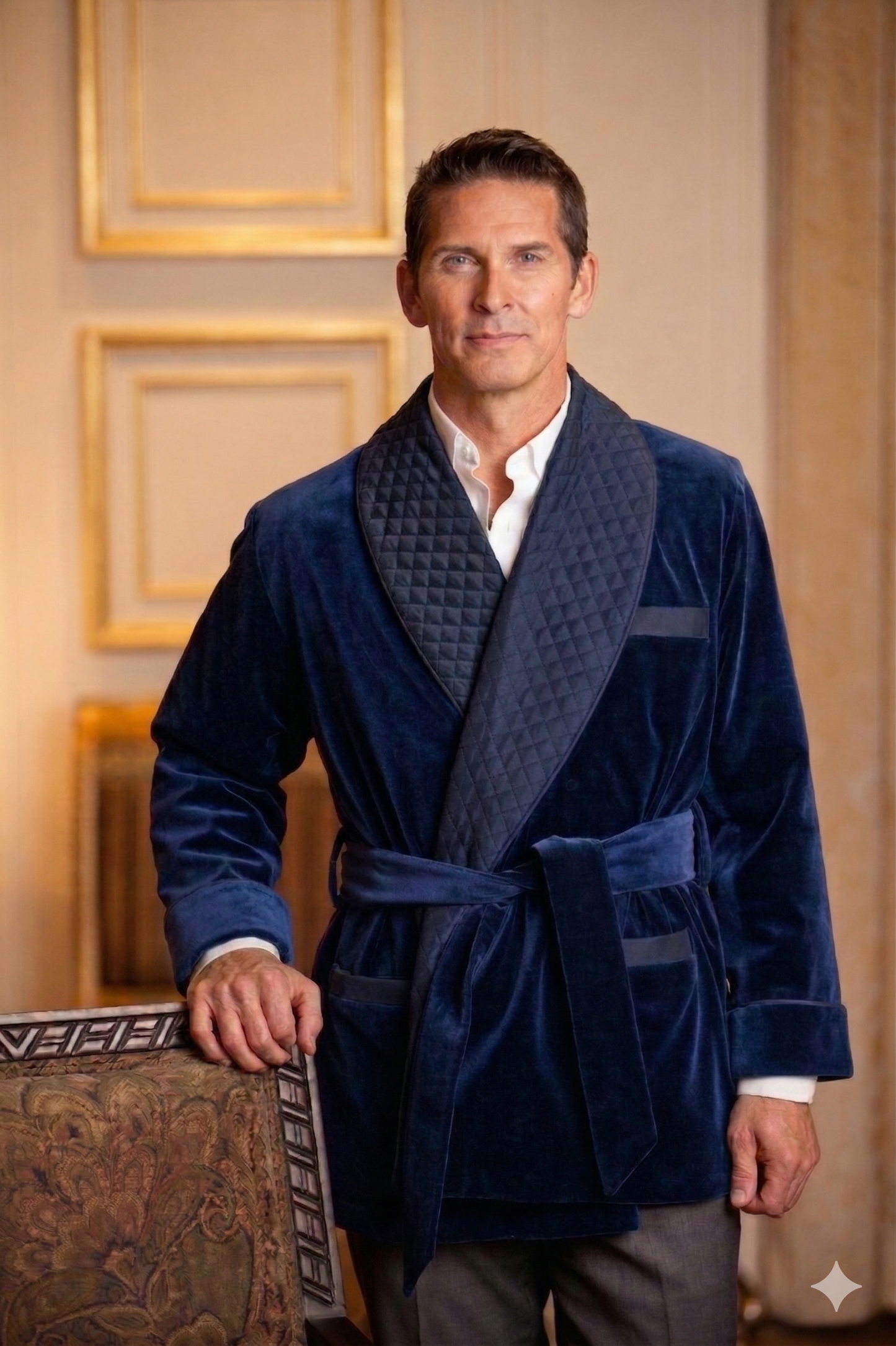 Velvet Smoking Jacket-Navy with Blue Piping
