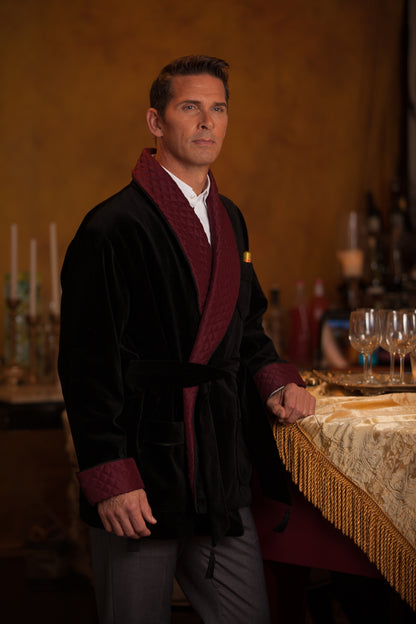 Velvet Smoking Jacket - Black with Burgundy  Collar