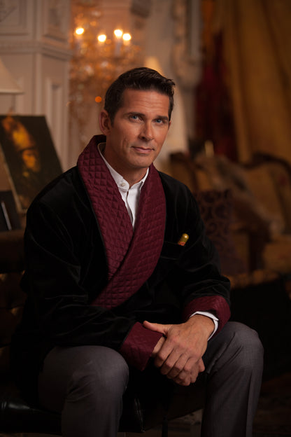 Velvet Smoking Jacket - Black with Burgundy  Collar