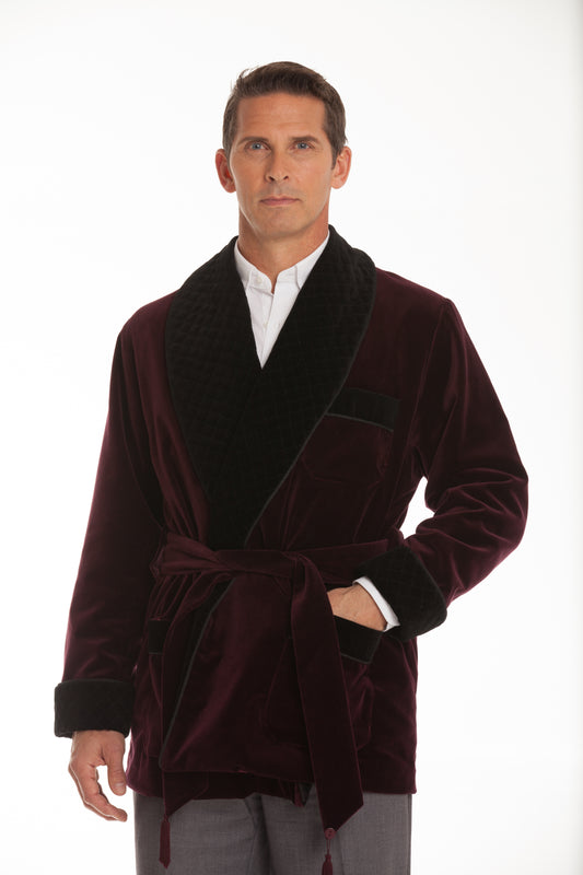 Velvet Smoking Jacket – Burgundy with Black Quilted Collar