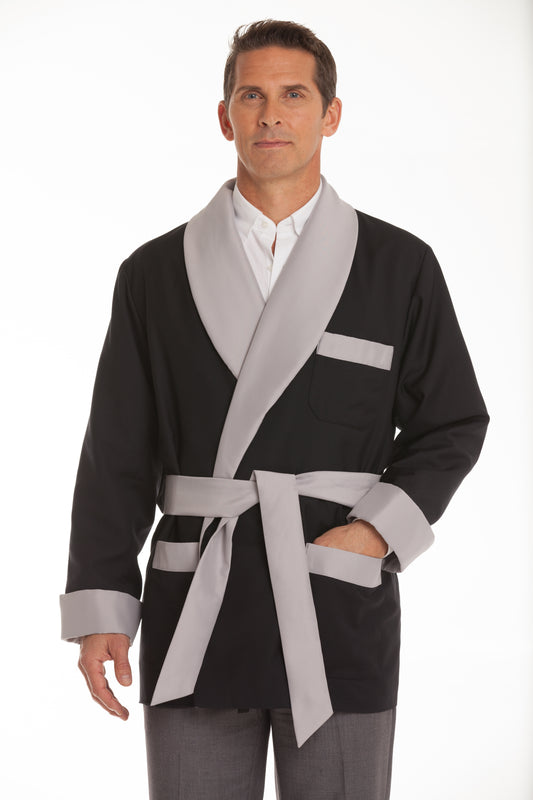Satin Smoking Jacket - Navy with Gray
