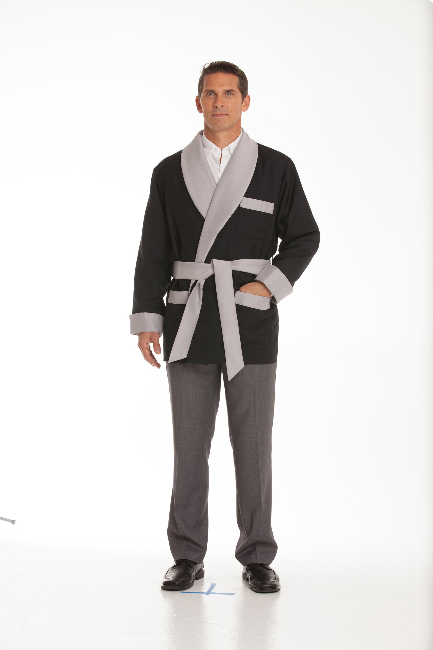 Satin Smoking Jacket - Navy with Gray