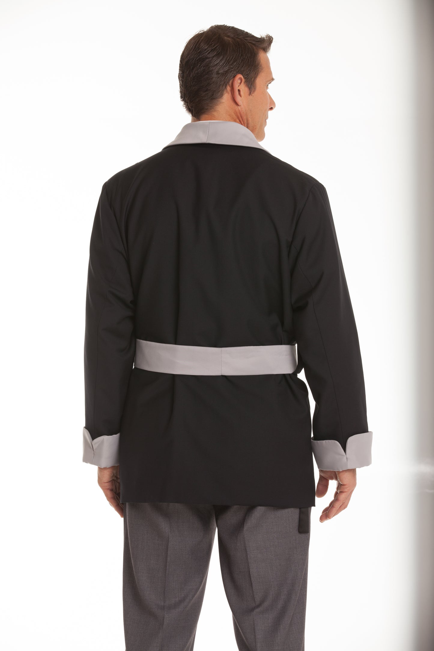Satin Smoking Jacket - Navy with Gray