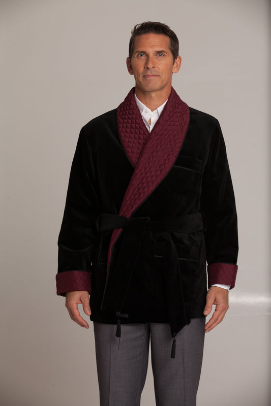 Velvet Smoking Jacket - Black with Burgundy  Collar