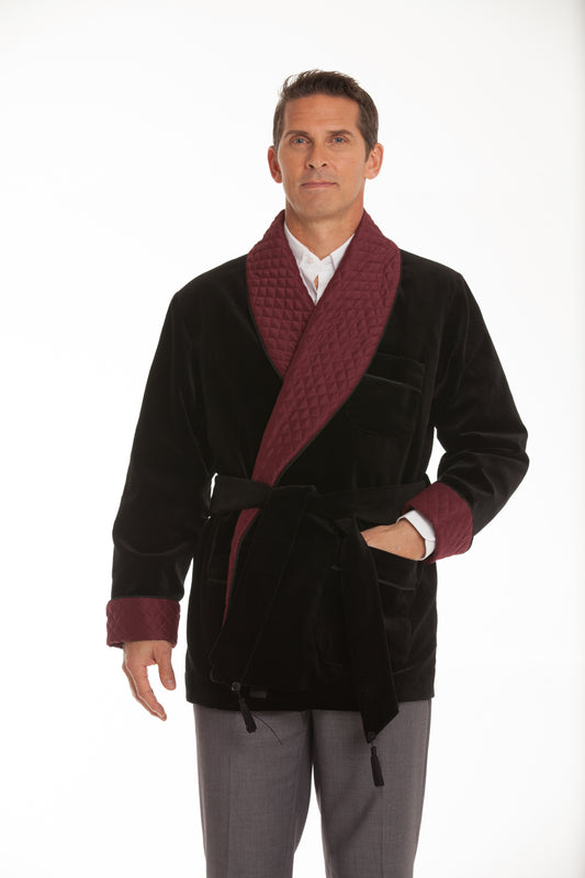 Velvet Smoking Jacket - Black with Burgundy  Collar