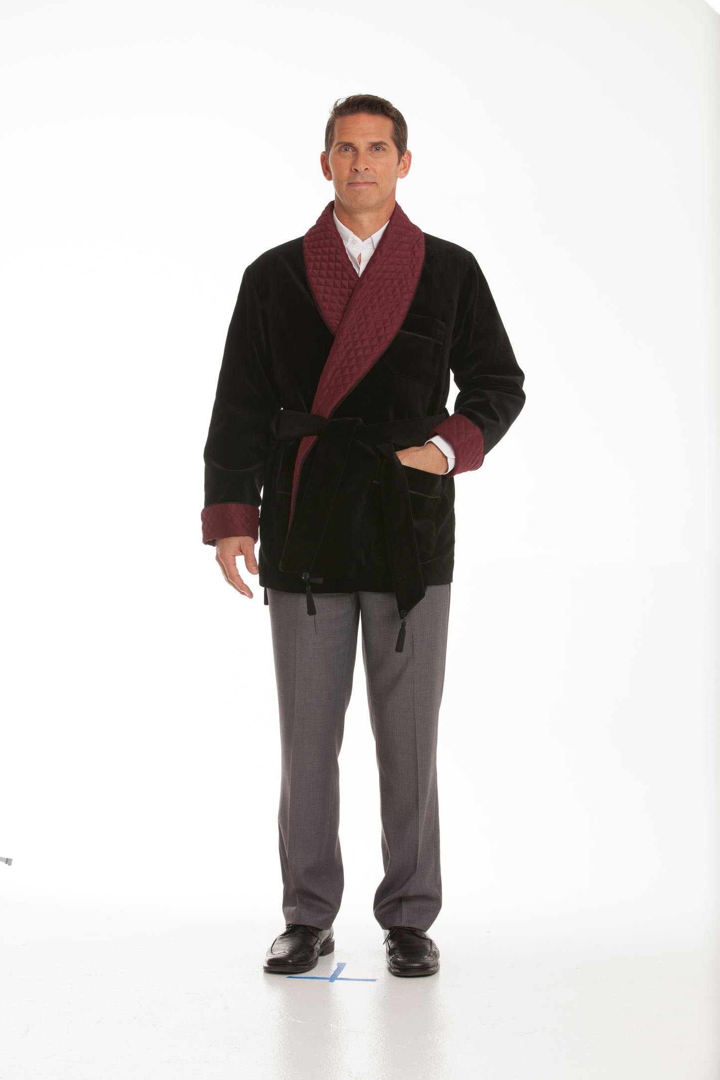 Velvet Smoking Jacket - Black with Burgundy  Collar