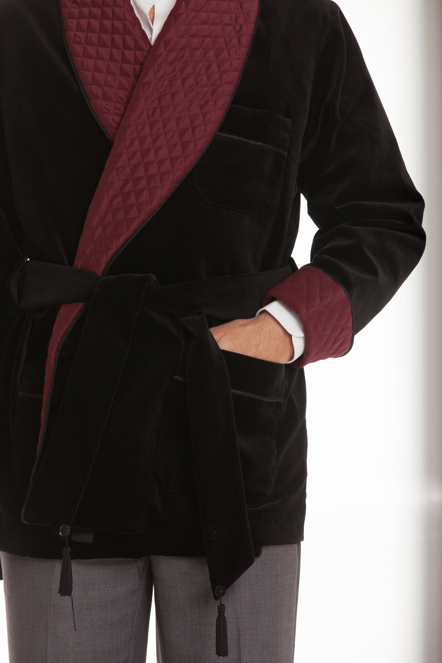 Velvet Smoking Jacket - Black with Burgundy  Collar