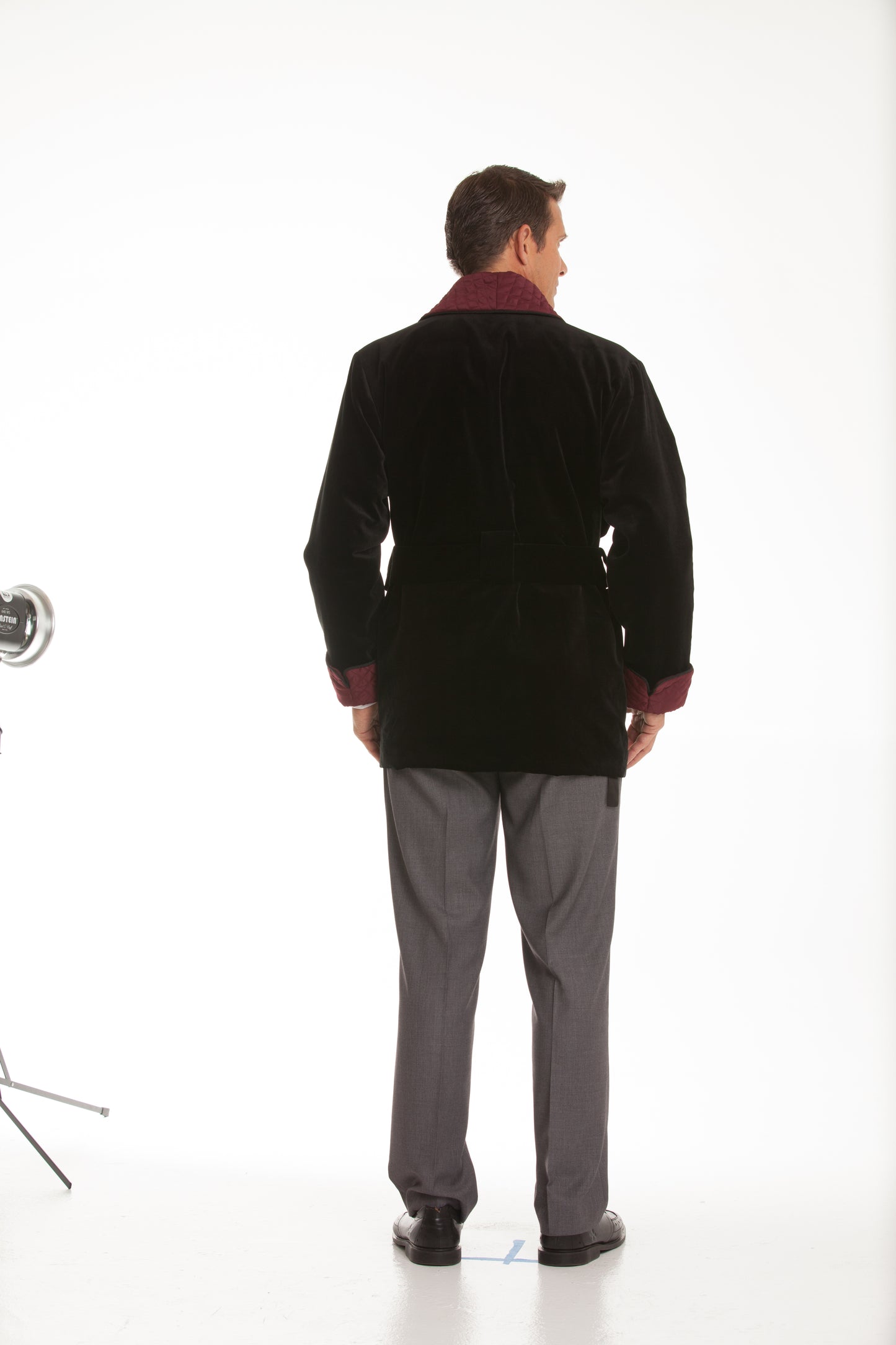 Velvet Smoking Jacket - Black with Burgundy  Collar