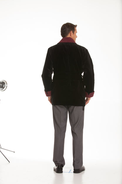 Velvet Smoking Jacket - Black with Burgundy  Collar