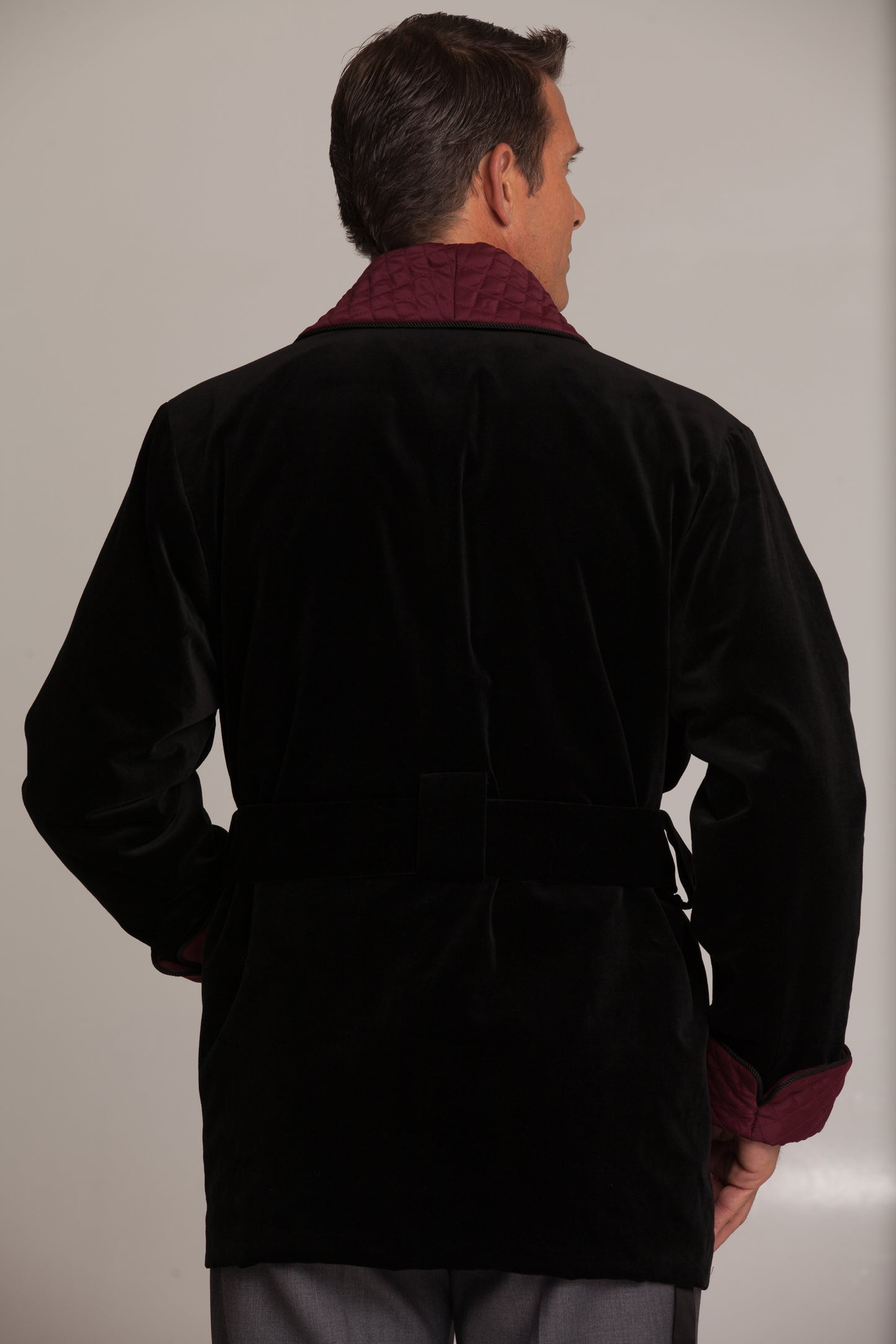 Velvet Smoking Jacket - Black with Burgundy  Collar