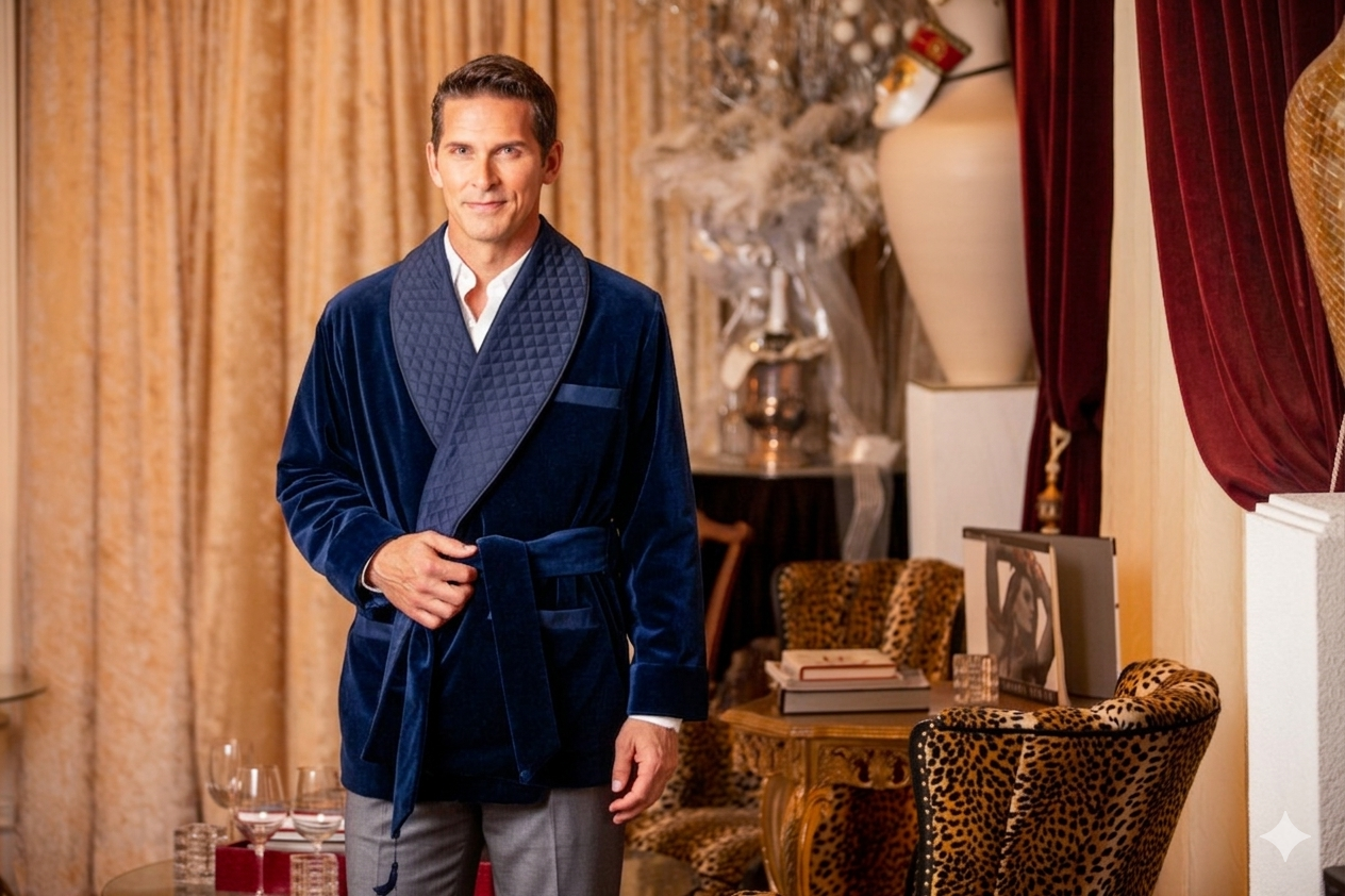 Velvet Smoking Jacket-Navy with Blue Piping