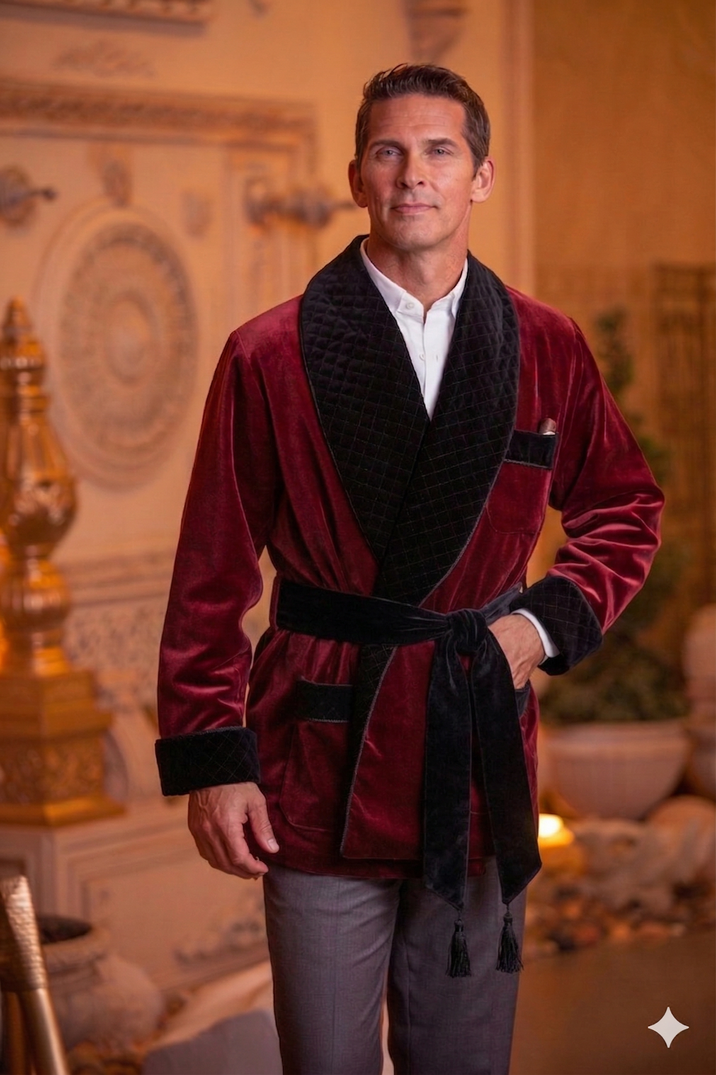 Velvet Smoking Jacket – Burgundy with Black Quilted Collar