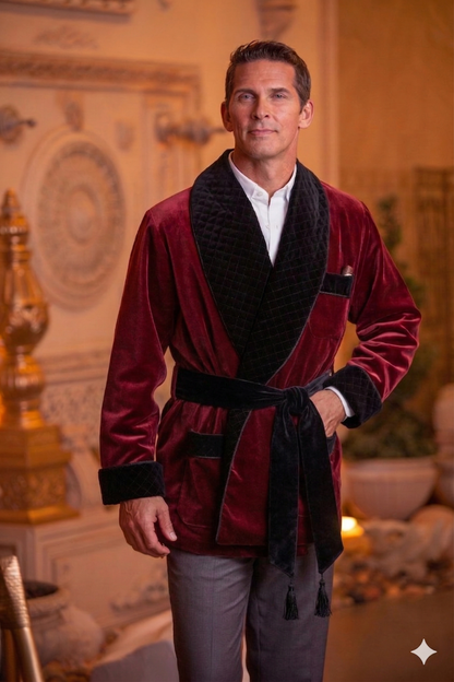 Velvet Smoking Jacket – Burgundy with Black Quilted Collar