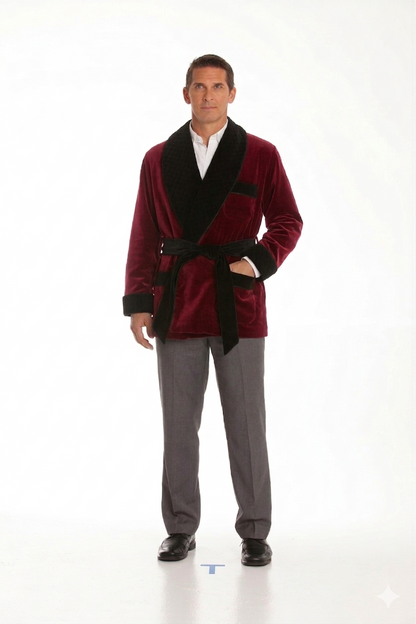 Velvet Smoking Jacket – Burgundy with Black Quilted Collar