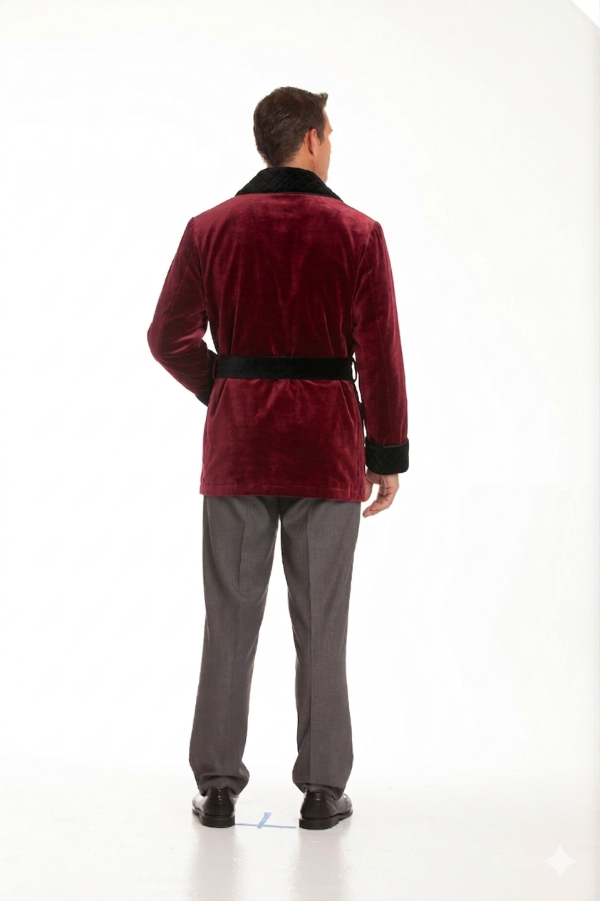 Velvet Smoking Jacket – Burgundy with Black Quilted Collar
