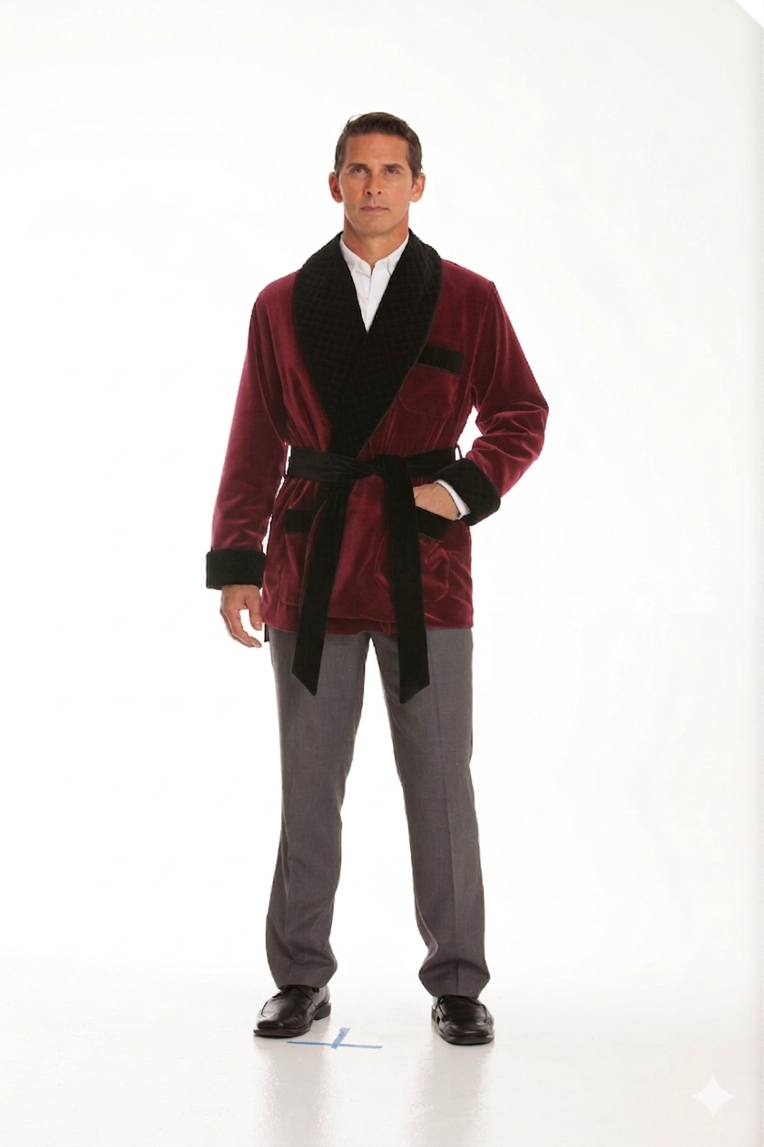 Velvet Smoking Jacket – Burgundy with Black Quilted Collar