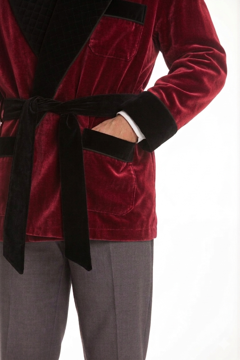 Velvet Smoking Jacket – Burgundy with Black Quilted Collar