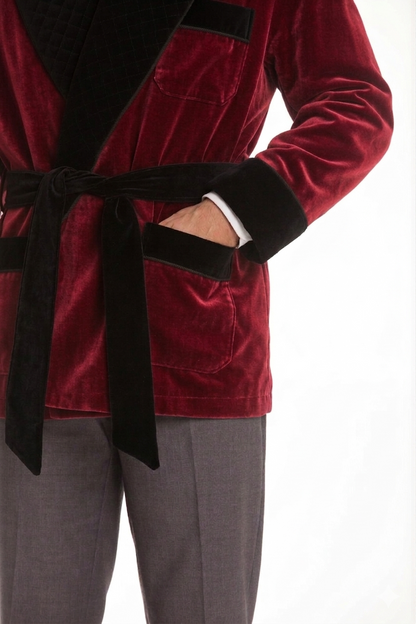 Velvet Smoking Jacket – Burgundy with Black Quilted Collar