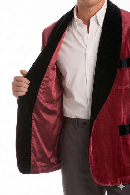 Velvet Smoking Jacket – Burgundy with Black Quilted Collar
