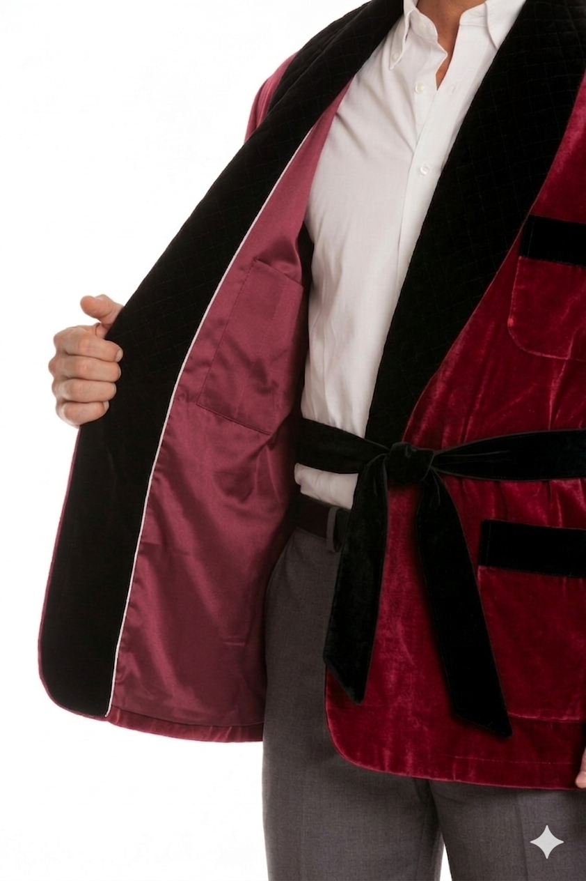 Velvet Smoking Jacket – Burgundy with Black Quilted Collar