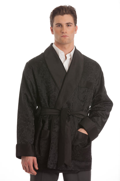 Velvet Smoking Jacket – Black Textured Velvet with Black Shawl Collar