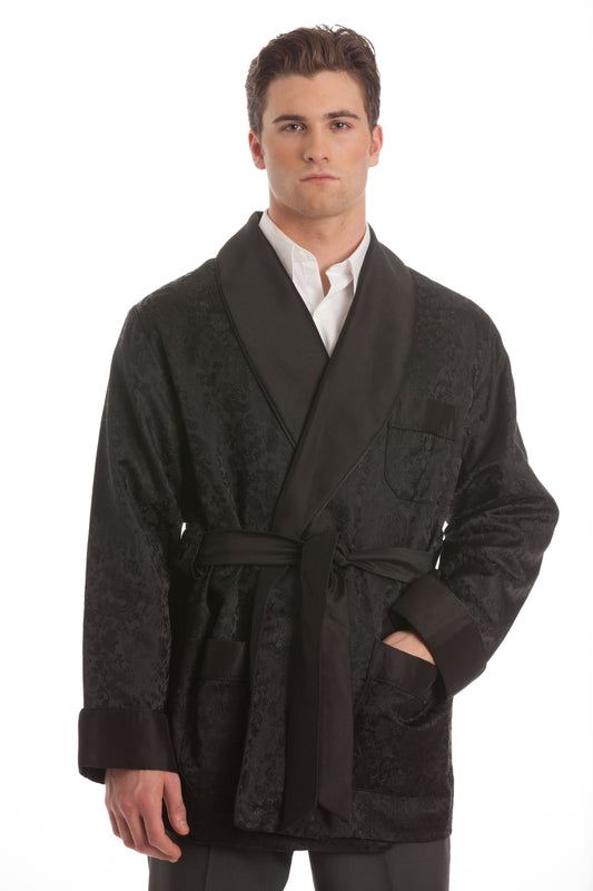 Velvet Smoking Jacket – Black Textured Velvet with Black Shawl Collar