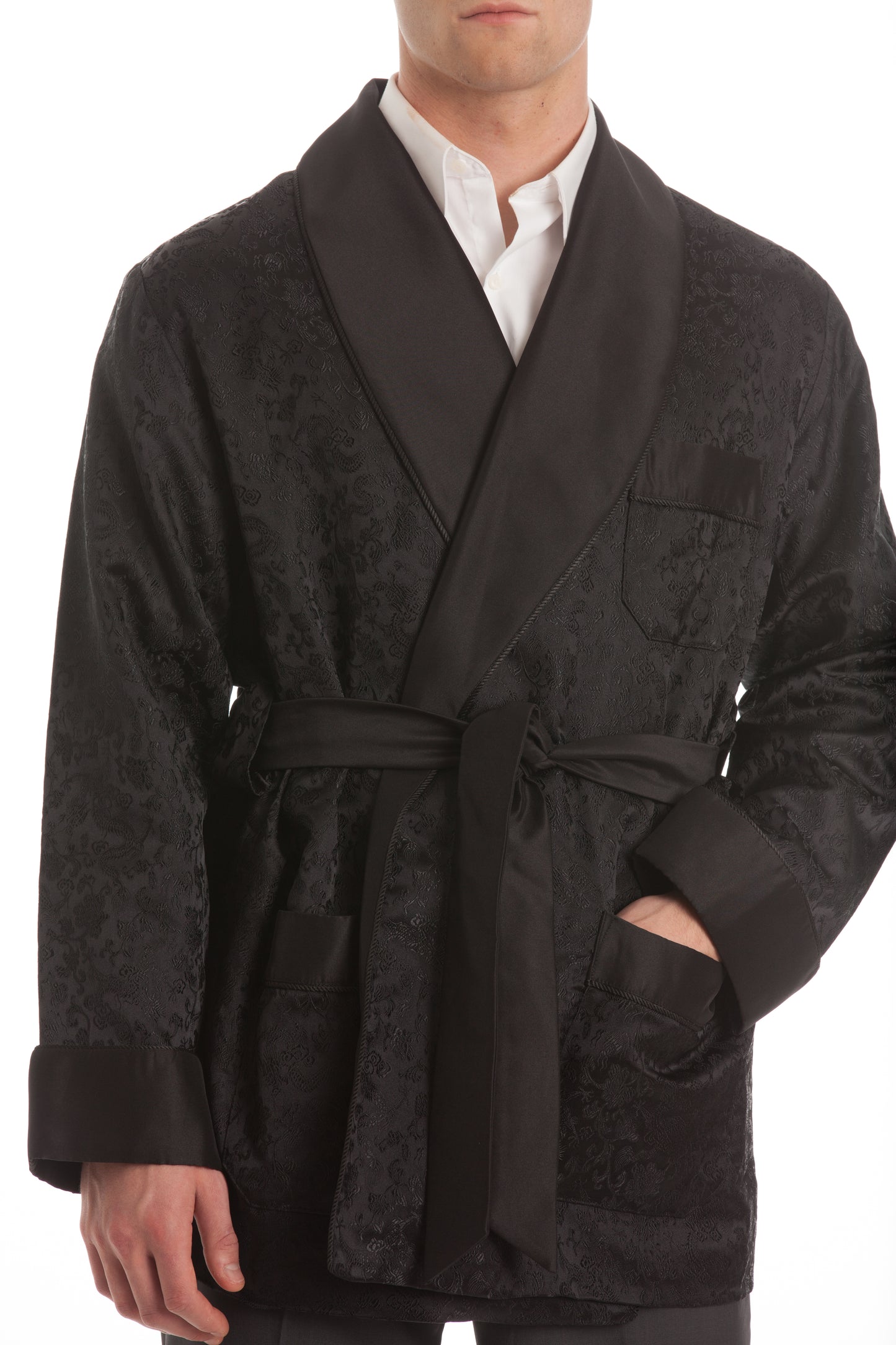 Velvet Smoking Jacket – Black Textured Velvet with Black Shawl Collar