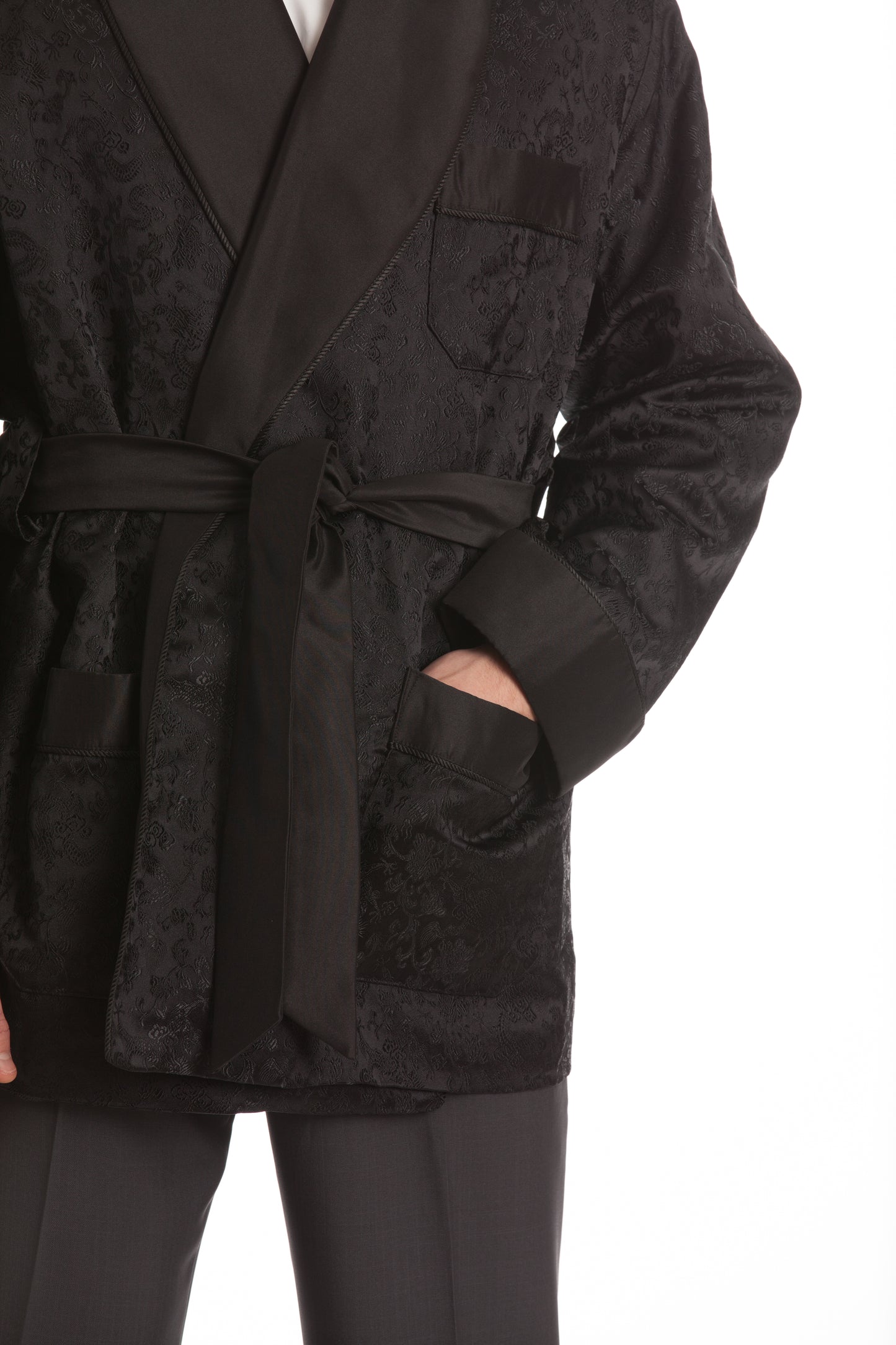 Velvet Smoking Jacket – Black Textured Velvet with Black Shawl Collar