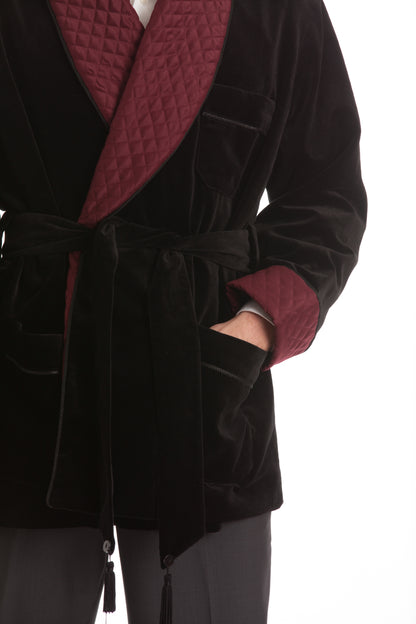 Velvet Smoking Jacket - Black with Burgundy Quilted Collar