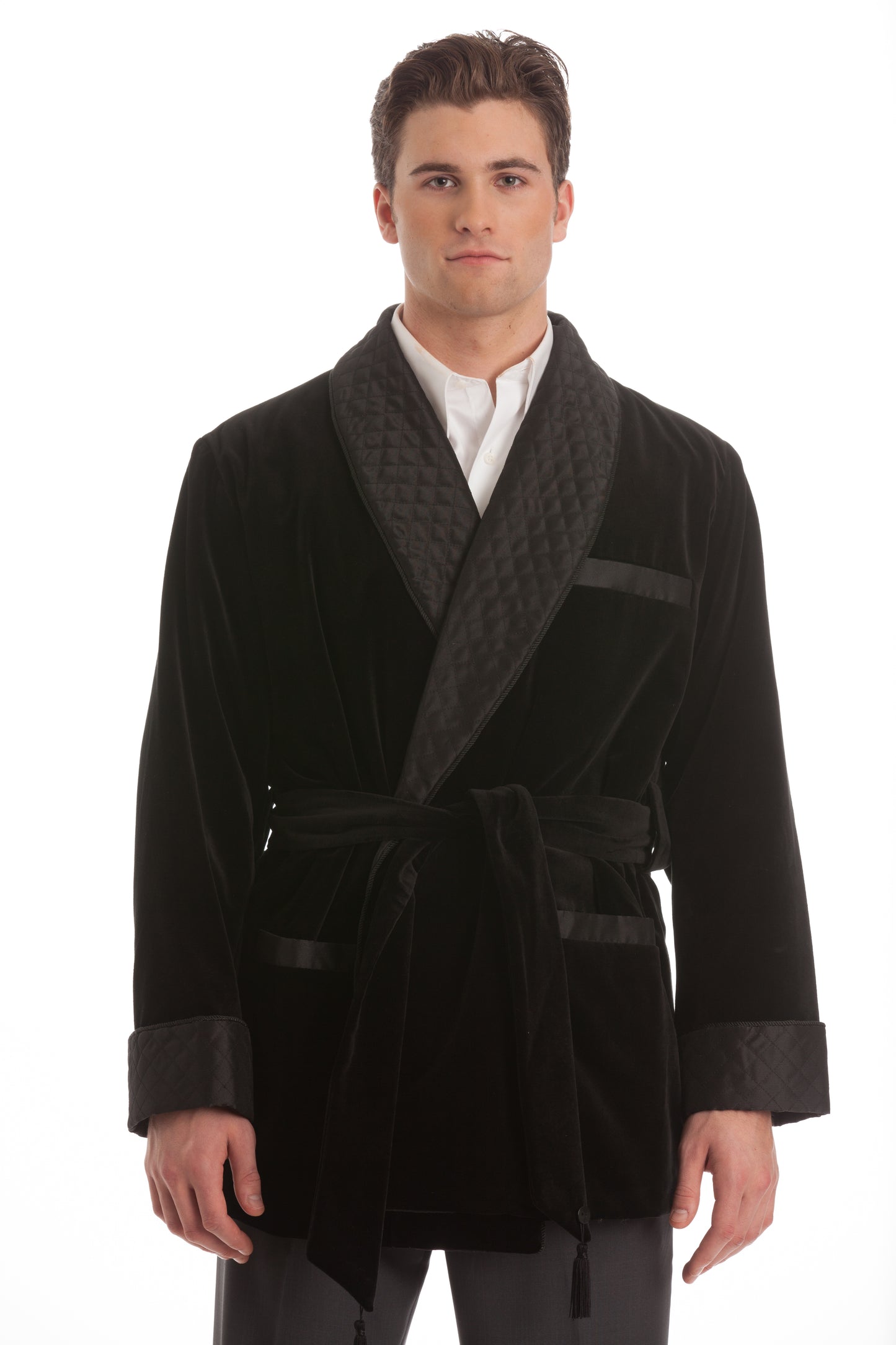 Velvet Smoking Jacket - Black with Black Quilted Collar