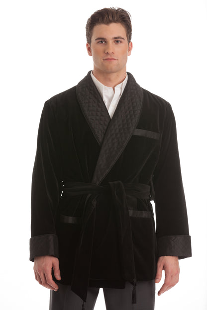 Velvet Smoking Jacket - Black with Black Quilted Collar